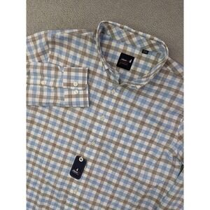 Johnnie-O Performance Button Down Shirt Boys Sz 16 Blue Brown Plaid Checkered